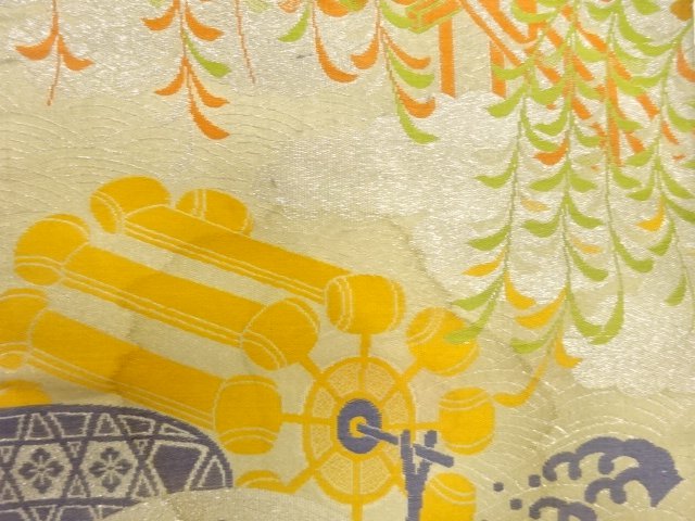 JAPANESE KIMONO / ANTIQUE WATERWHEEL / BRIDGE / WEAVING WILLOW BRANCHE